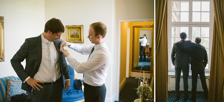 Bräutigam bekommt Einstecktuch in den Anzug gesteckt - Sportschloss Velen