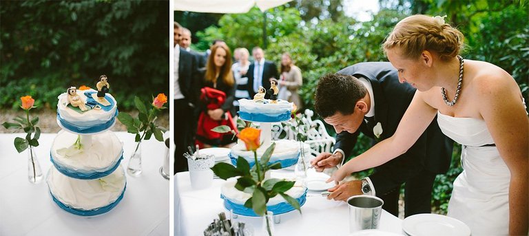 Brautpaar schneidet Hochzeitstorte an